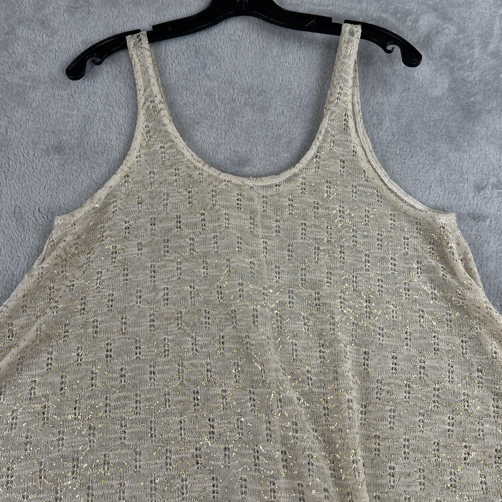 Metallic Gold Foil Open Knit Tank Top L Cream Boho Festival Sheer Crochet Top